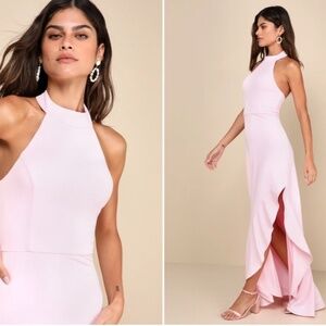 LULU's Chic Sexy Prom Wedding Ruffle Hem Light Pink Trumpet Maxi Dress